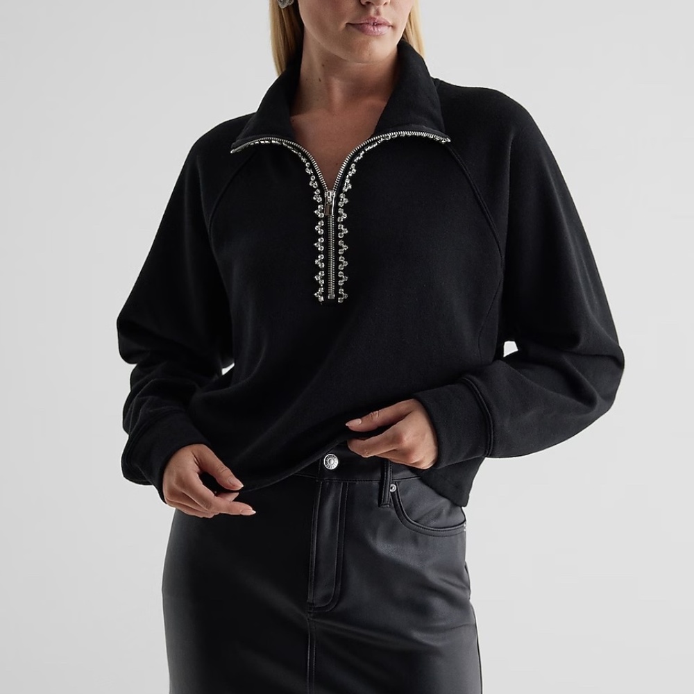 Express Rhinestone Trim Quarter Zip Boxy Fleece Sweatshirt - Pitch Black M